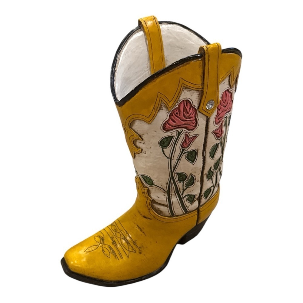 Yellow and White Floral Cowboy Boot Vase